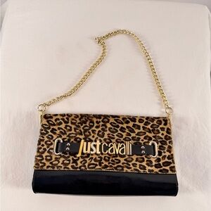 JUST CAVALLI Animal Print Flap Cross Body Bag in Black Brown